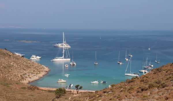 Sailing boats in the bay of Vathi in Pserimos
